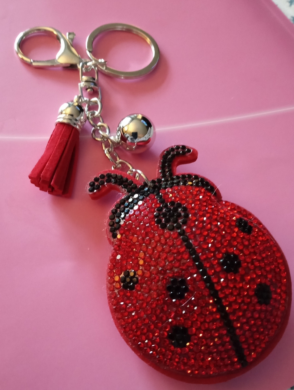 LADYBUG SEQUIN PURSE CHARM KEY FOB LEATHER TASSEL/SILVER BALL OFFERS WELCOME